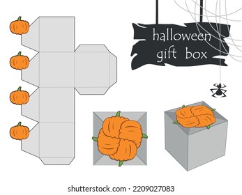 Assembly Diagram Of A Simple Halloween Gift Box. Do It Yourself. Pattern For Making A Box. Vector Template For Packaging Design Of Pumpkin Box For Gluing, Die Cutting