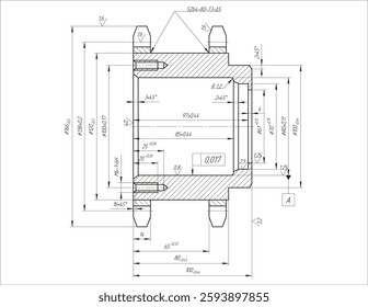 Assembly drawing of asterisk (star)
 of electrical reducer. Vector design of steel mechanical device with dimension lines.
Engineering technic computer cad scheme on 
paper sheet. Hand drawn sketch.