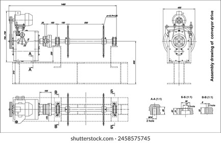 Montagezeichnung des Förderantriebs. 
Vektorgrafik CAD-Schema der Stahlmechanik mit Welle, Getriebe, 
Elektromotor, Lager, Schraubverbindung und Maßleitungen.
Technischer Hintergrund.