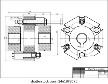 Assembly drawing of coupling.
Vector drawing of steel mechanical device with holes, bolted connection and dimension lines. Engineering cad scheme. Technical template.  Cross section.