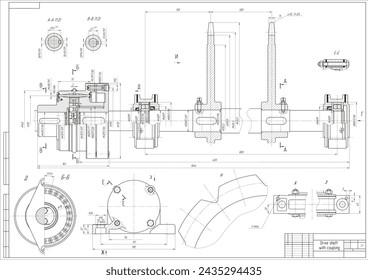 Montagezeichnung der Antriebswelle mit Kupplung.
Vektor-CAD-Schema der mechanischen Vorrichtung aus Stahl mit Welle, Getriebe, 
Elektromotor, Lager, Schraubverbindung und Maßleitungen.
Technischer Hintergrund.