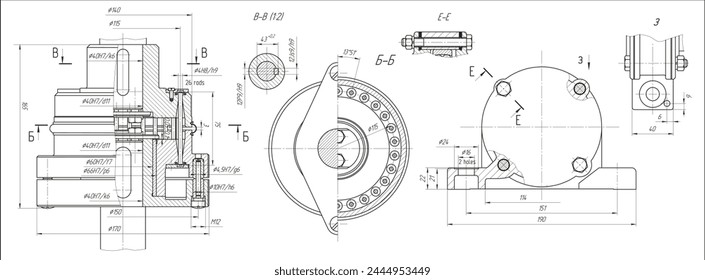 Plano de montaje del eje de transmisión con acoplamiento.
esquema cad de Vector de dispositivo mecánico de acero con eje, engranaje, 
motor eléctrico, cojinete, conexión atornillada y líneas de dimensiones.
Formación en ingeniería. 