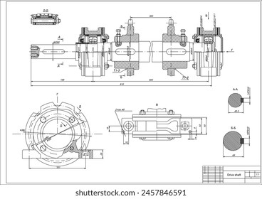 Assembly drawing of drive shaft with coupling. 
Vector cad scheme of steel mechanical device with shaft, gear, 
electric engine, bearing, bolted connection and dimension lines.
Engineering background.
