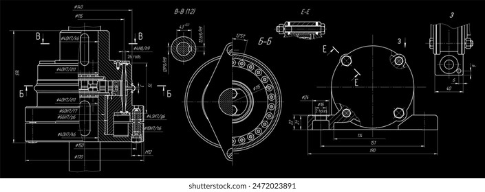 Montagezeichnung der Antriebswelle mit Kupplung. 
Vektorgrafik CAD-Schema der Stahlmechanik mit Welle, Getriebe, 
Elektromotor, Lager, Schraubverbindung und Maßleitungen.
Technischer Hintergrund.