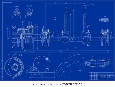 Assembly drawing of drive shaft with coupling. Vector cad scheme of steel mechanical device with shaft, gear, 
electric engine, bearing, bolted connection and dimension lines.
Engineering background.