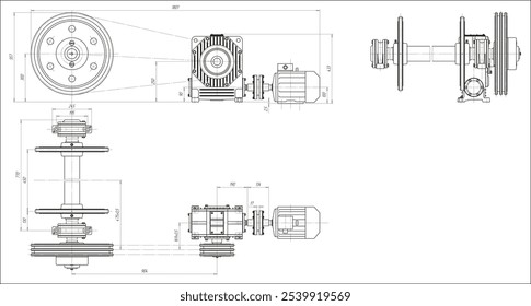 Assembly drawing of electrical conveyor with motor.
Vector design of steel mechanical device with shaft, worm gear, 
electric engine, dimension lines.
Engineering technic computer cad scheme on paper.