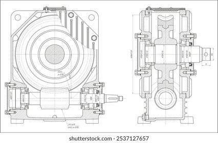 Dibujo de montaje del reductor eléctrico.
Diseño de Vector del dispositivo mecánico de acero con el eje, engranaje del gusano, 
Motor eléctrico, conexión de pernos y líneas de dimensión.
Esquema de tarjeta de computadora técnica de ingeniería.