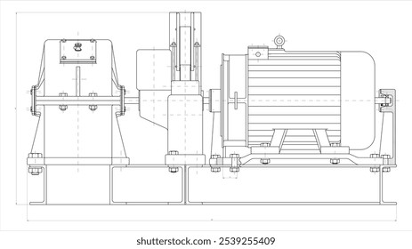 Desenho de montagem de redutor elétrico. Projeto vetorial de dispositivo mecânico de aço com eixo, engrenagem, 
motor elétrico, ligações de parafusos e linhas de cota.
Esquema de cartão de computador técnico de engenharia. 
