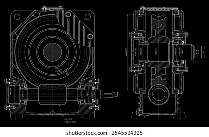 Dibujo de montaje del reductor eléctrico.
Diseño de Vector del dispositivo mecánico de acero con el eje, engranaje del gusano, 
Motor eléctrico, conexión de pernos y líneas de dimensión.
Esquema de tarjeta de computadora técnica de ingeniería.