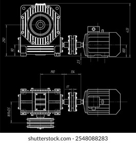 Assembly drawing of electrical reducer. Vector design of steel mechanical device with shaft, worm gear, 
electric engine, bolt connection and dimension lines.
Engineering technic computer cad scheme.