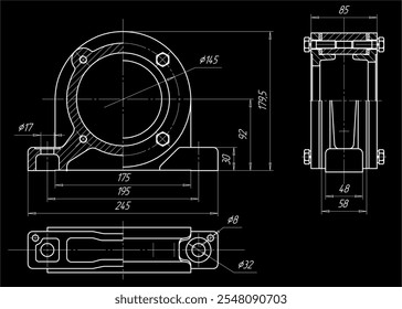 Dibujo de montaje del reductor eléctrico.
Diseño de Vector del dispositivo mecánico de acero con el eje, engranaje del gusano, 
Motor eléctrico, conexión de pernos y líneas de dimensión.
Esquema de tarjeta de computadora técnica de ingeniería.