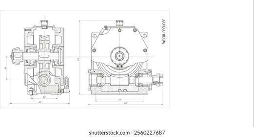 Assembly drawing of electrical reducer.
Vector design of steel mechanical device with shaft, worm gear, 
electric engine, bolt connection and dimension lines.
Engineering technic computer cad scheme.