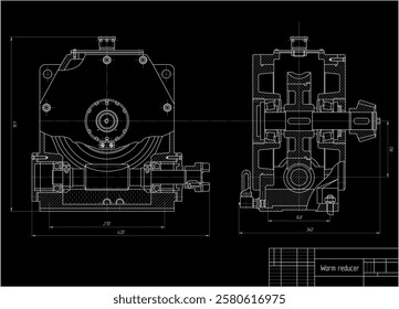 Assembly drawing of electrical reducer.
Vector design of steel mechanical device with shaft, worm gear, 
electric engine, bolt connection and dimension lines.
Engineering technic computer cad scheme.