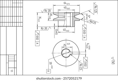 Assembly drawing of pulley (roller)
 of electrical reducer.
Vector design of steel mechanical device with 
dimension lines.
Engineering technic computer cad scheme on 
paper sheet. Hand drawn sketch.