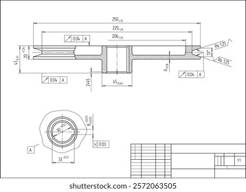 Assembly drawing of pulley (roller)
 of electrical reducer.
Vector design of steel mechanical device with 
dimension lines.
Engineering technic computer cad scheme on 
paper sheet. Hand drawn sketch.