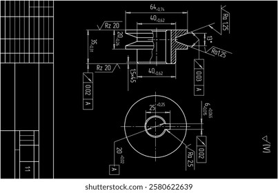 Assembly drawing of pulley (roller)
 of electrical reducer.
Vector design of steel mechanical device with 
dimension lines.
Engineering technic computer cad scheme on 
paper sheet. Hand drawn sketch.