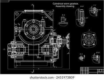 Assembly drawing of reducer (cylindrical worm gearbox).
Vector engineering cad scheme of steel mechanical device 
with shaft, gear, 
electric engine, bolted connection and dimension lines.