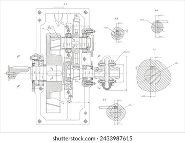 Assembly drawing of reducer.
Vector drawing of steel mechanical device with shaft, gear, 
bolted connection and dimension lines.
Engineering cad scheme. Technical template. Cross section.