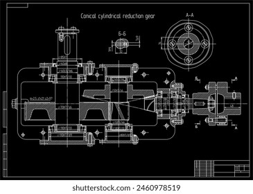 Plano de montaje del reductor.
Dibujo de Vector de dispositivo mecánico de acero con eje, engranaje, 
motor eléctrico, conexión atornillada y líneas de dimensiones.
Esquema de tarjeta de ingeniería. Plantilla técnica.