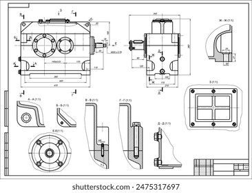 Plano de montaje del reductor.
Dibujo de Vector de dispositivo mecánico de acero con eje, engranaje, 
motor eléctrico, conexión atornillada y líneas de dimensiones.
Esquema de tarjeta de ingeniería. Plantilla técnica. 