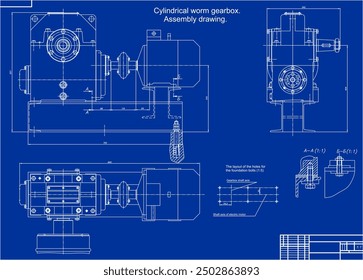 Assembly drawing of reducer.
Vector drawing of steel mechanical device with shaft, gear, 
electric engine, bolted connection and dimension lines.
Engineering cad scheme. Technical template of machine.