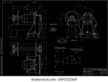 Assembly drawing of reducer.
Vector working drawing of steel mechanical device with shaft, gear, 
electric engine, bolted connection and dimension lines.
Engineering cad scheme. Technical template. 