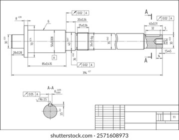 Assembly drawing of shaft of electrical reducer.
Vector design of steel mechanical device with 
dimension lines.
Engineering technic computer cad scheme on 
paper sheet. Hand drawn pencil sketch.