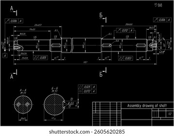 Assembly drawing of shaft of electrical reducer.
Vector design of steel mechanical device with 
dimension lines.
Engineering technic computer cad scheme on 
paper sheet. Hand drawn pencil sketch.
