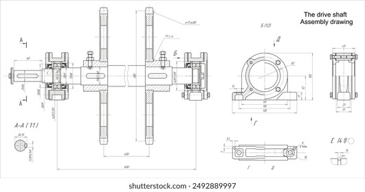 Assembly drawing of speed drive shaft. Vector cad scheme of part of steel mechanical device with dimension lines. Engineering background. Technical template.  Cross section.