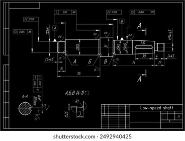 Assembly drawing of speed drive shaft. Vector cad scheme of part of steel mechanical device with dimension lines. Engineering background. Technical template. 
Cross section.