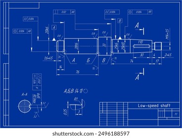 Dibujo de montaje del eje de transmisión de velocidad. Esquema de tarjeta de Vector de parte del dispositivo mecánico de acero con líneas de dimensión. Antecedentes de ingeniería. Plantilla técnica. 
Sección transversal.