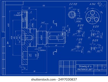 Montagezeichnung von Stahlteil mit Durchgangslöchern. Vektorkartenschema für mechanische Vorrichtung mit Welle, Getriebe, 
Lager-, Schraubverbindung- und Maßleitungen.
Technischer Hintergrund. Technische Vorlage.