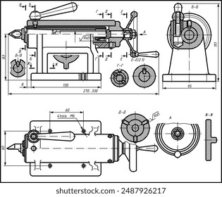 Assembly drawing of turning machine (lathe). Vector drawing of steel mechanical device with shaft, gear, 
electric engine, wheel and dimension lines. Engineering cad scheme. Technical template.