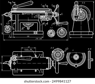 Assembly drawing of turning machine (lathe). Vector drawing of steel mechanical device with shaft, gear, 
electric engine, wheel and dimension lines. Engineering cad scheme. Technical template. 