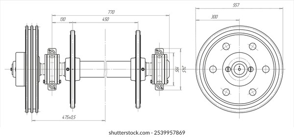 Desenho de montagem.
Projeto vetorial de dispositivo mecânico de aço com eixo, roda, 
engrenagem sem-fim, parafusos de ligação e linhas de cota.
Esquema de cartão de computador técnico de engenharia em folha de papel branco.