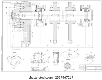 Assembly drawing of wheel, shaft of electrical reducer. Vector design of steel mechanical device with dimension lines. Engineering technic computer cad scheme on paper sheet. Hand drawn pencil sketch.