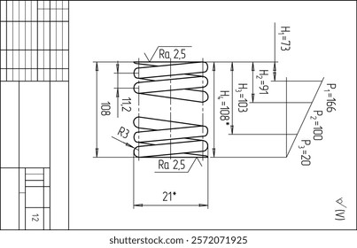 Assembly drawing of wire spring.
Vector design of steel mechanical device with 
dimension lines.
Engineering technic computer cad scheme on 
paper sheet. Hand drawn sketch.
Technical template.