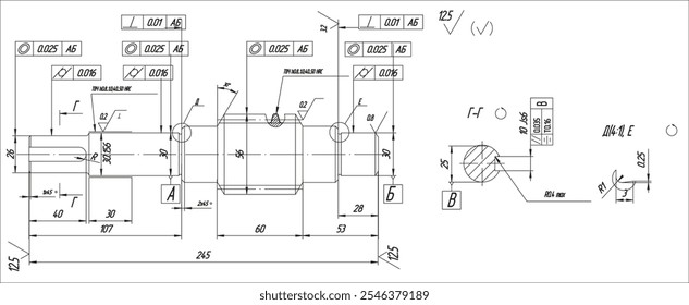 Assembly drawing of worm shaft of electrical reducer. Vector design of steel mechanical device with dimension lines. Engineering technic cad scheme on white paper sheet. Hand drawn machine part sketch