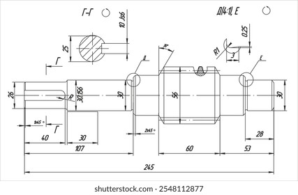 Assembly drawing of worm shaft of electrical reducer.
Vector design of steel mechanical device with dimension lines.
Engineering technic cad scheme on white
paper sheet. Hand drawn machine part sketch