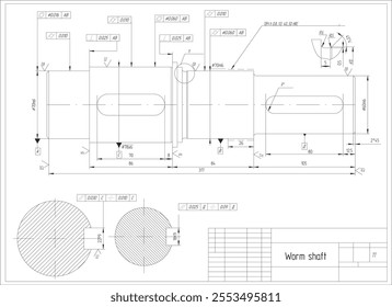 Assembly drawing of worm shaft of electrical reducer. Vector design of steel mechanical device with dimension lines. Engineering technic cad scheme on white paper sheet. Hand drawn machine part sketch