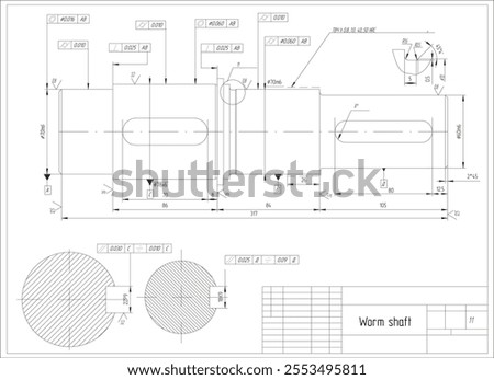 Assembly drawing of worm shaft of electrical reducer. Vector design of steel mechanical device with dimension lines. Engineering technic cad scheme on white paper sheet. Hand drawn machine part sketch
