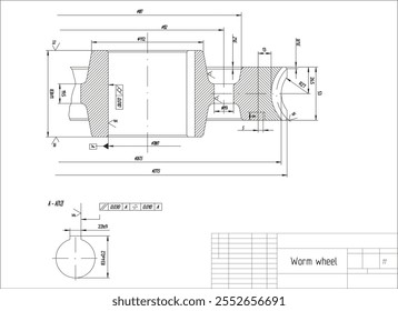 Desenho de montagem da roda de verme do redutor elétrico.
Projeto vetorial de dispositivo mecânico de aço com linhas de cota.
Esquema de cartão técnico de engenharia em branco
papel. Esboço de peça desenhado à mão