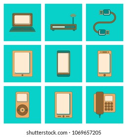 assembly of flat icon Wi fi modem mobile phone gadget usb cable music player laptop