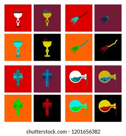 assembly flat icons cup potion Witch's broom cross bottle