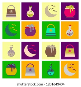 assembly flat icons halloween bag potion bottle moon bats cauldron
