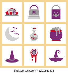 assembly flat icons halloween bag potion bottle moon bats cauldron zombie eyes gravestone witch hat