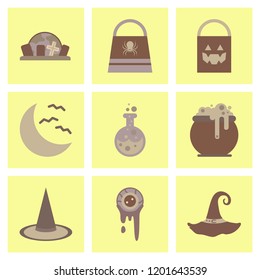 assembly flat icons halloween bag potion bottle moon bats cauldron zombie eyes gravestone witch hat