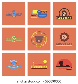 assembly flat icons nature logo bear lion giraffe penguin snake monkey bird bull