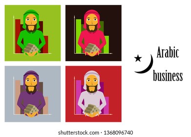 assembly of flat icons on theme Arabic business arabic businessman with gold