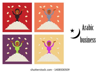 assembly of flat icons on theme Arabic business woman in coins